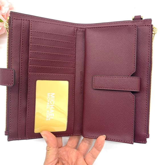 Michael Kors Saffiano Leather Set Double Zip Wristlet/ Merlot - Picture 8 of 13